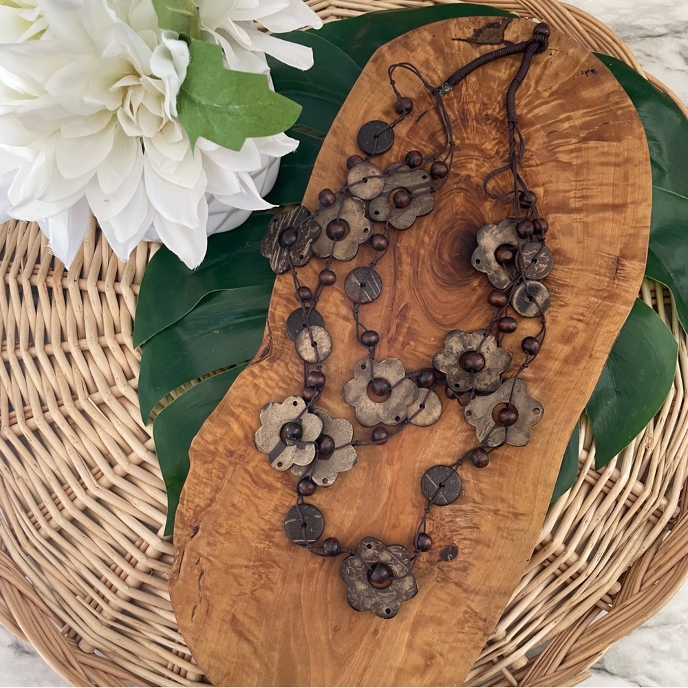 Handmade from The Islands wood coconut beaded triple strand floral necklace NWOT